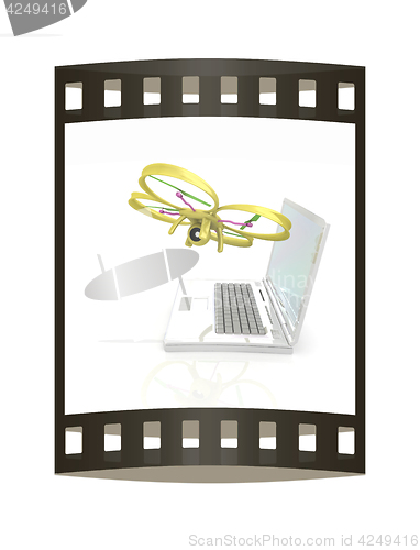 Image of Drone and laptop. 3D render. The film strip