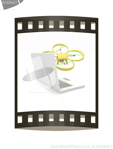 Image of Drone and laptop. 3D render. The film strip