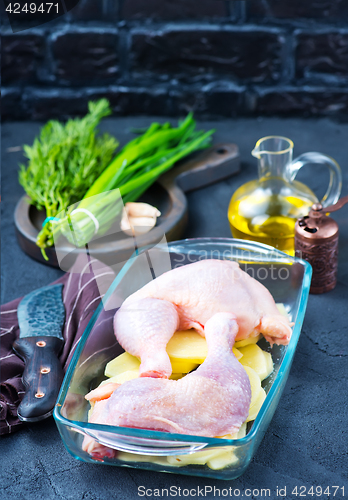 Image of raw chicken legs and potato 