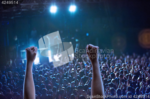 Image of The silhouettes of concert crowd in front of bright stage lights