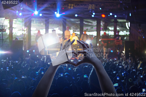 Image of The silhouettes of concert crowd in front of bright stage lights