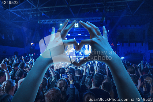 Image of The silhouettes of concert crowd in front of bright stage lights