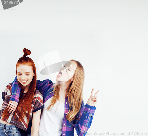 Image of best friends teenage girls together having fun, posing emotional on white background, besties happy smiling, lifestyle people concept 