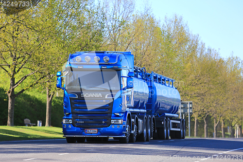 Image of Blue Scania Tank Truck in Town