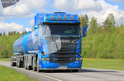 Image of Blue Scania R580 Tank Truck Transport at Spring