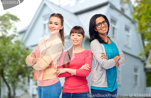 Image of international group of happy smiling women