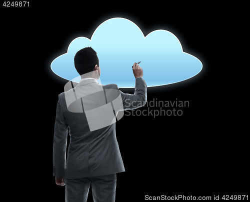 Image of businessman working with virtual cloud projection