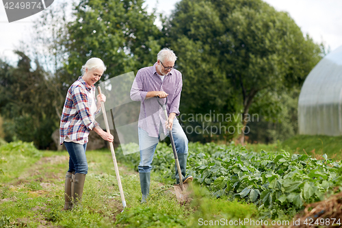 Image of senior couple with shovels at garden or farm