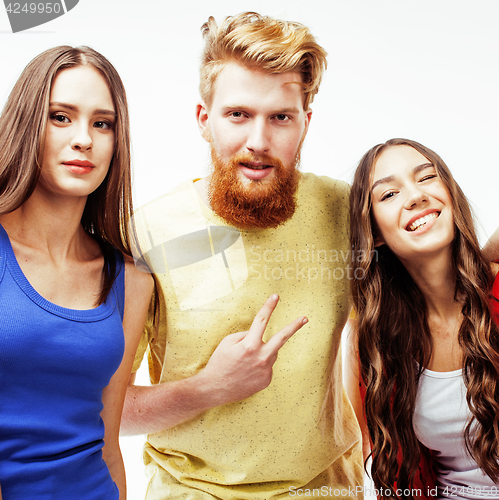 Image of company of hipster guys, bearded red hair boy and girls students having fun together friends, diverse fashion style, lifestyle people concept isolated on white background