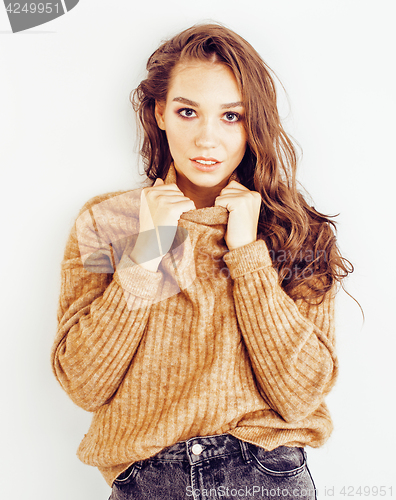 Image of young pretty teenage hipster girl posing emotional happy smiling on white background, lifestyle people concept closeup