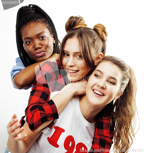 Image of diverse multi nation girls group, teenage friends company cheerful having fun, happy smiling, cute posing isolated on white background, lifestyle people concept, african-american and caucasian