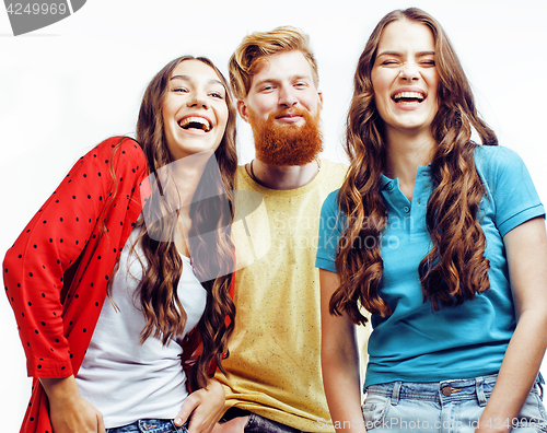 Image of company of hipster guys, bearded red hair boy and girls students having fun together friends, diverse fashion style, lifestyle people concept isolated on white background 