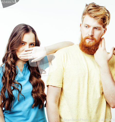 Image of young pretty teenage couple, hipster guy with his girlfriend happy smiling and hugging isolated on white background, lifestyle people concept 