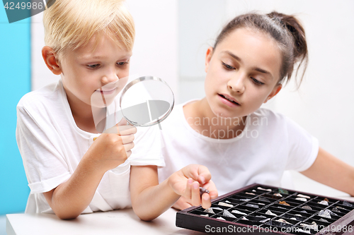 Image of Steatite, mineral. Geography at school. Children watching minerals under the microscope