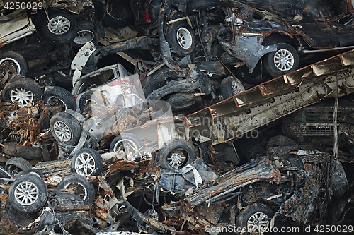 Image of Pile of smashed car wrecks