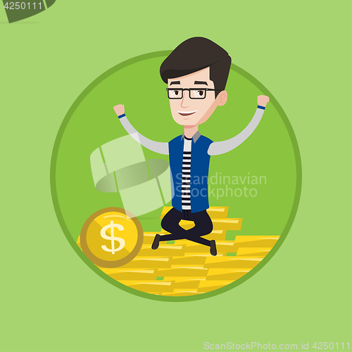 Image of Successful businessman sitting on coins.