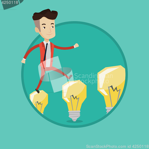 Image of Businessman jumping on light bulbs.