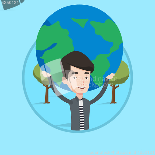 Image of Businessman holding big Earth globe over head