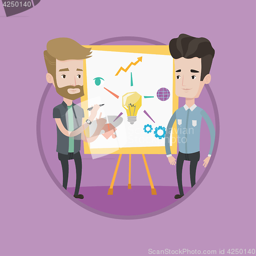 Image of Two businessmen discussing project near board.