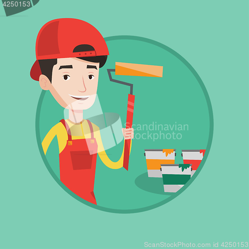 Image of Painter holding paint roller vector illustration.