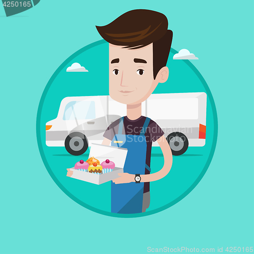 Image of Baker delivering cakes vector illustration.