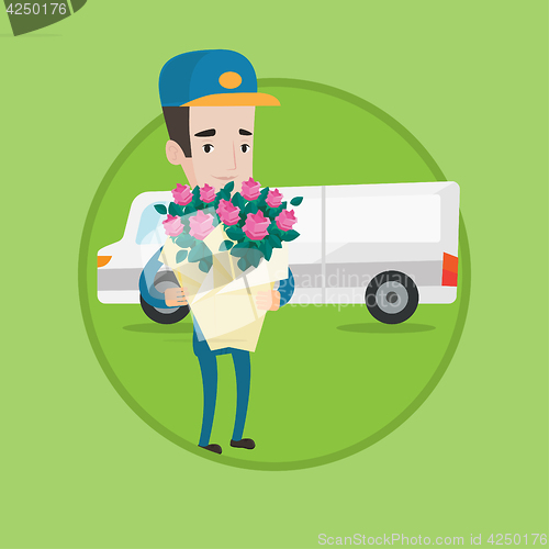 Image of Delivery courier holding bouquet of flowers.