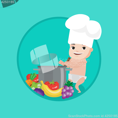 Image of Baby in chef hat cooking healthy meal.