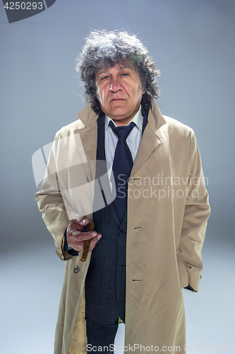 Image of The senior man with cigar as detective or boss of mafia on gray studio background