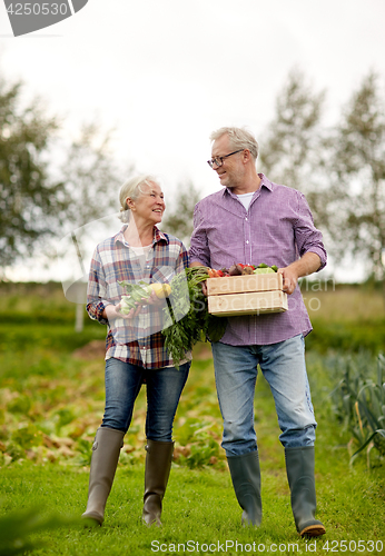 Image of senior couple with box of vegetables on farm