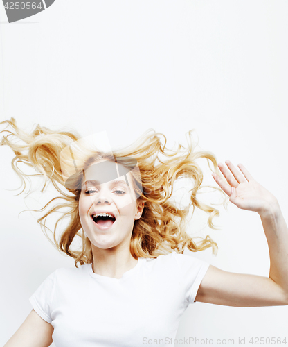 Image of young pretty blond teenage girl emotional posing, happy smiling isolated on white background, lifestyle people concept