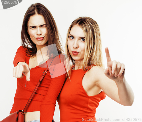 Image of best friends teenage girls together having fun, posing emotional on white background, besties happy smiling, lifestyle people concept close up