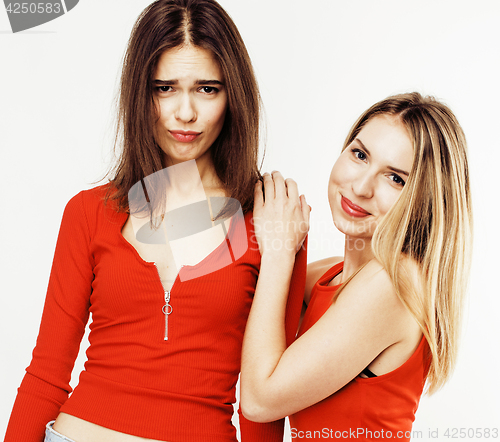 Image of best friends teenage girls together having fun, posing emotional on white background, besties happy smiling, lifestyle people concept close up