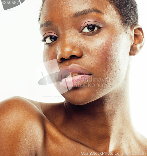 Image of young pretty african american woman naked taking care of her skin isolated on white background, healthcare people concept 