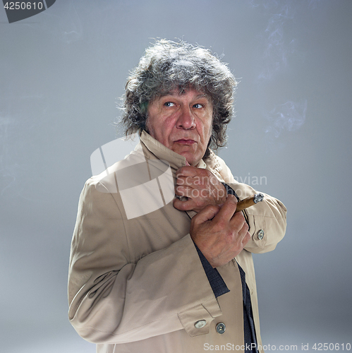 Image of The senior man with cigar as detective or boss of mafia on gray studio background