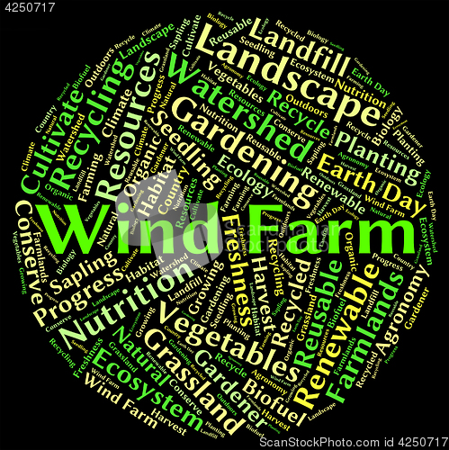 Image of Wind Farm Word Shows Earth Friendly And Electricity