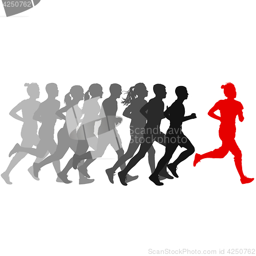 Image of Set of silhouettes. Runners on sprint, men and woman