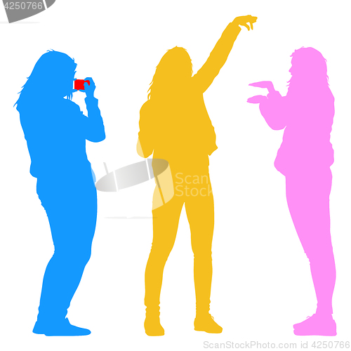 Image of Silhouettes woman taking selfie with smartphone on white background. illustration