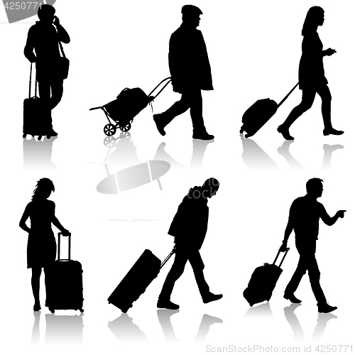 Image of Black silhouettes travelers with suitcases on white background.