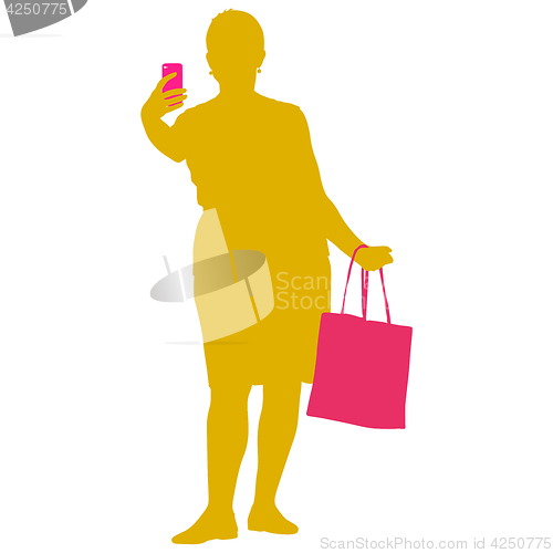 Image of Silhouettes woman taking selfie with smartphone on white background. illustration