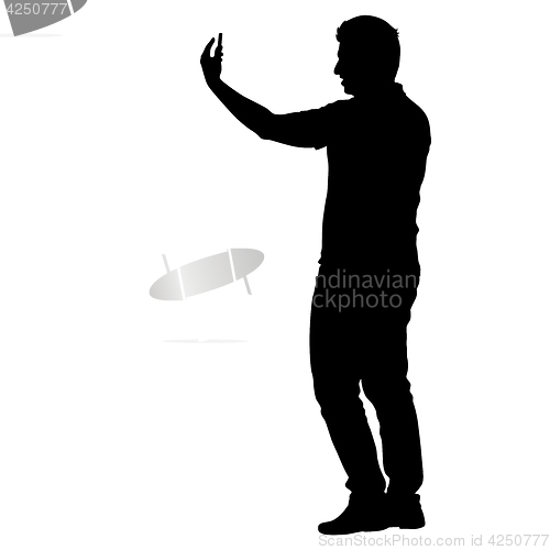 Image of Silhouettes man taking selfie with smartphone on white background