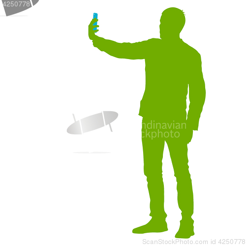 Image of Silhouettes man taking selfie with smartphone on white background. illustration