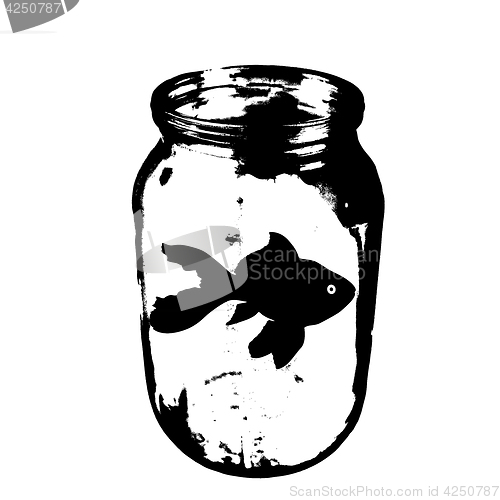 Image of Black silhouette of aquarium fish in a jar with water on white background