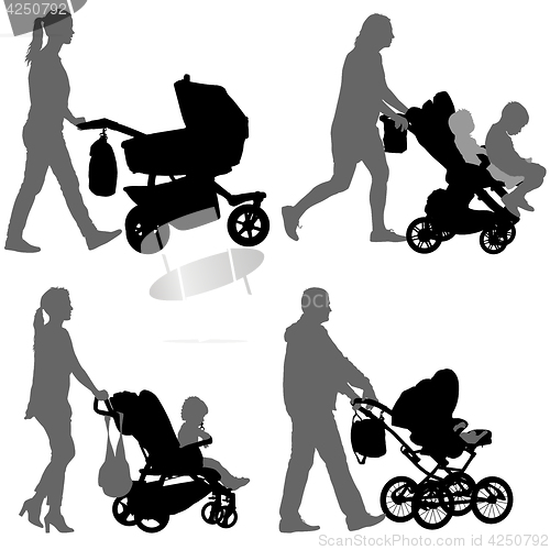 Image of Set black silhouettes Family with pram on white background. illustration