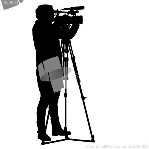 Image of Cameraman with video camera. Silhouettes on white background