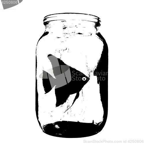 Image of Black silhouette of aquarium fish in a jar with water on white background