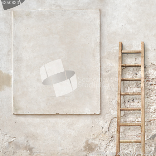 Image of weathered stucco wall with wooden ladder