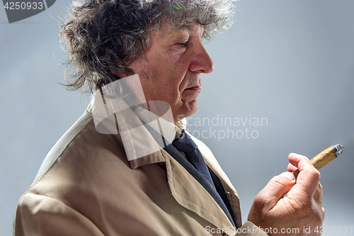 Image of The senior man with cigar as detective or boss of mafia on gray studio background