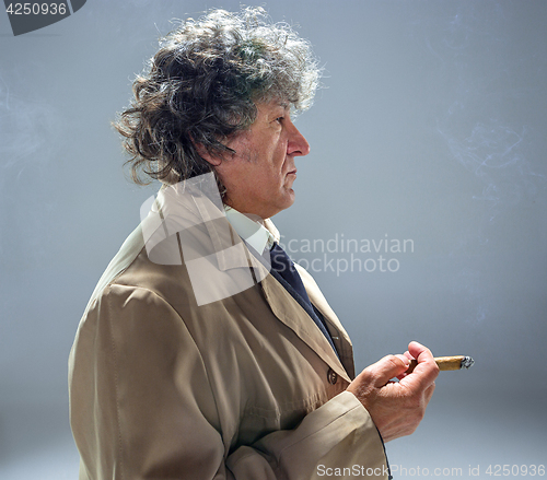 Image of The senior man with cigar as detective or boss of mafia on gray studio background