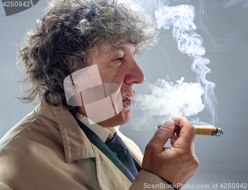 Image of The senior man with cigar as detective or boss of mafia on gray studio background