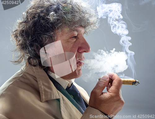 Image of The senior man with cigar as detective or boss of mafia on gray studio background
